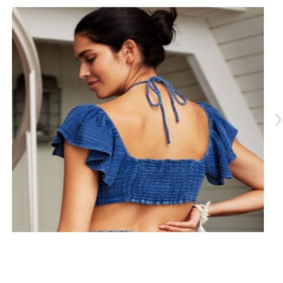 Anthropologie THE JERRY CINCHED Crop TOP Ruffled Cap Sleeve in Blue - Picture 5 of 7